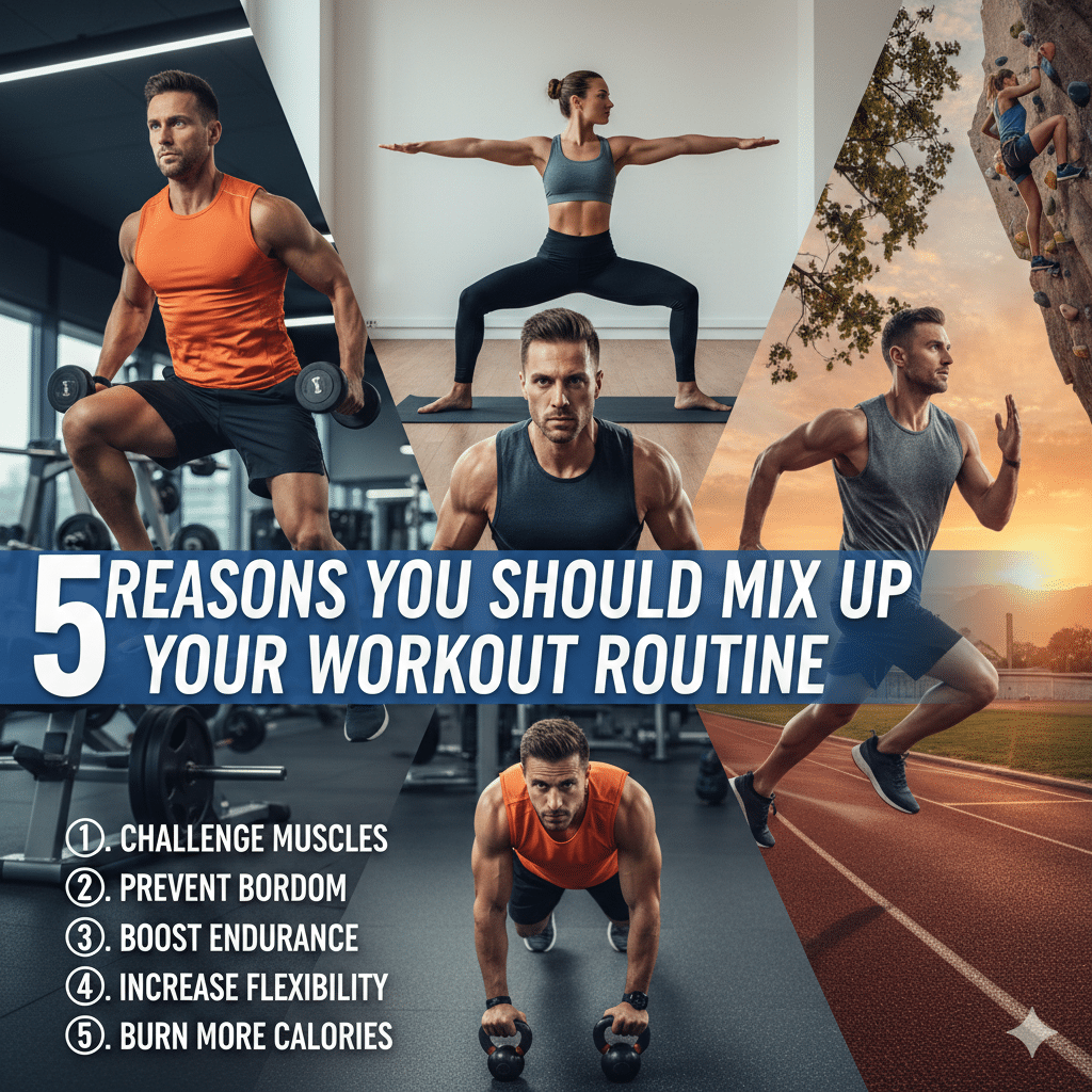 Diverse workout activities: running, yoga, weights, swimming