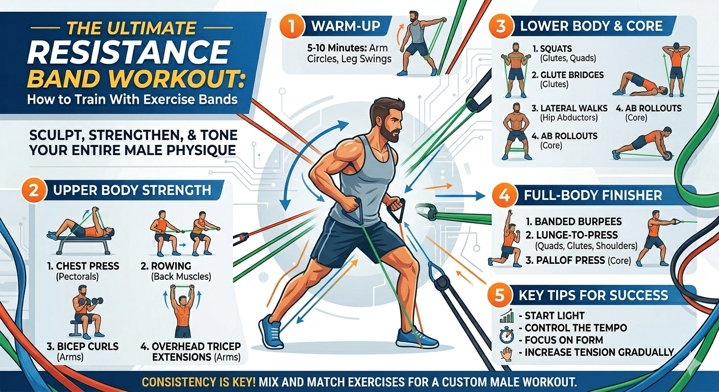 Man over 40 performing resistance band rows and presses in home workout