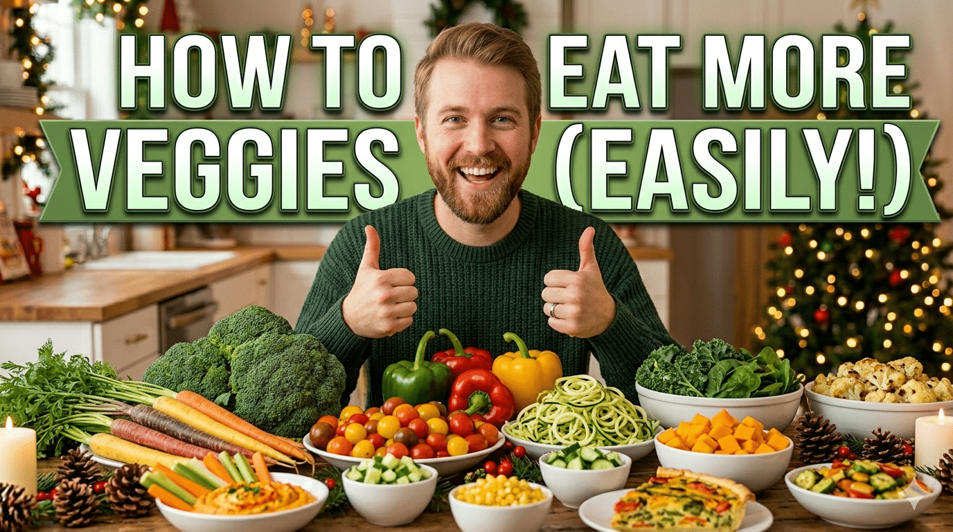 Man over 40 adding roasted vegetables to a plate with steak and eggs for a balanced meal