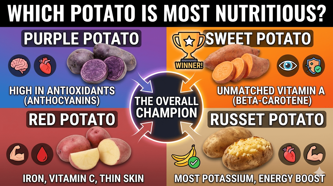 Man over 40 comparing different potato varieties on a cutting board with a balanced meal